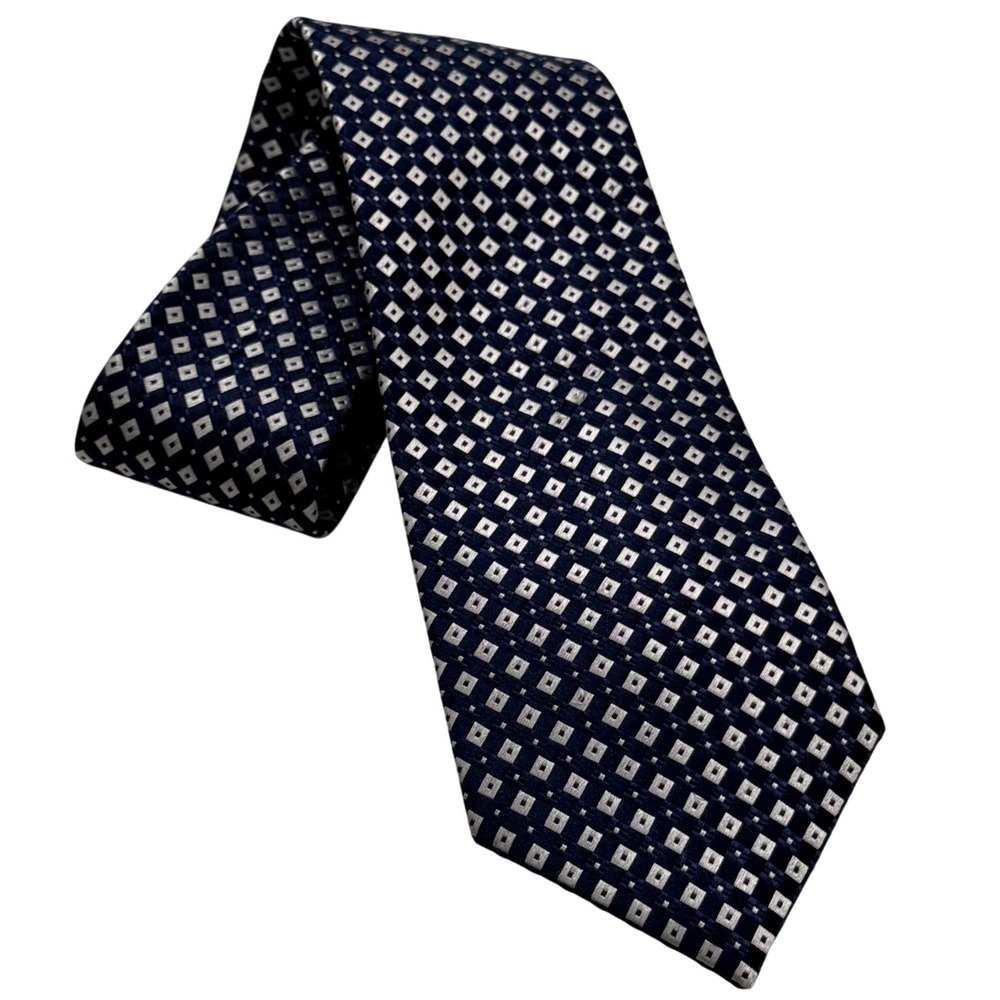 Countess Mara Men XL Silk Tie Navy Blue Silver Geometric Square Pattern Handmade